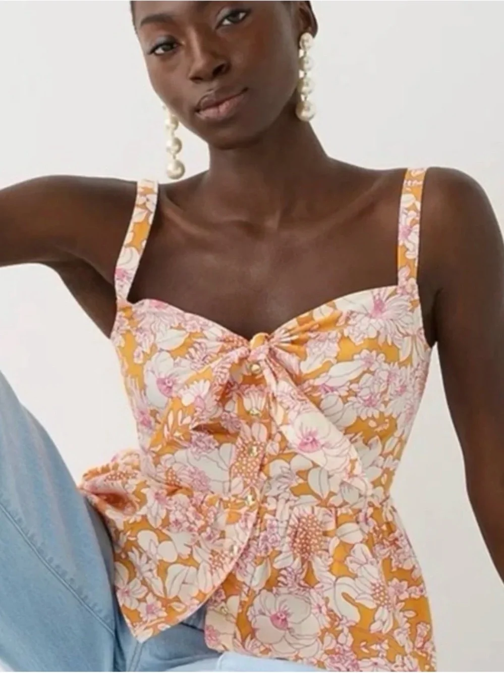 J. Crew Orange Floral Tie-Front Camisole